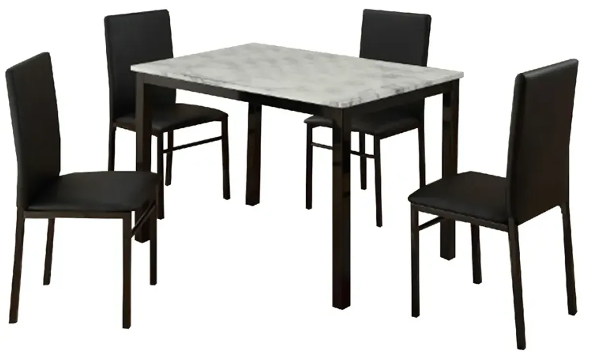 Riley 5 Piece Dining Table Set, Wood, 4 Chairs, White Fabric Upholstery - Benzara