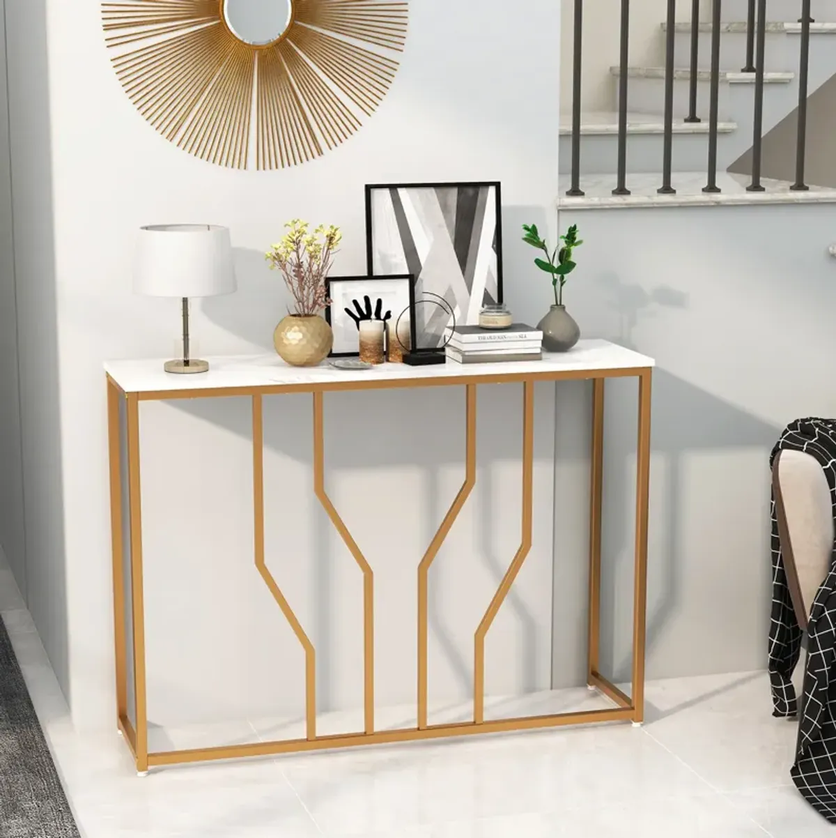 44 Inch Modern White Entryway Table with Faux Marble Tabletop-White