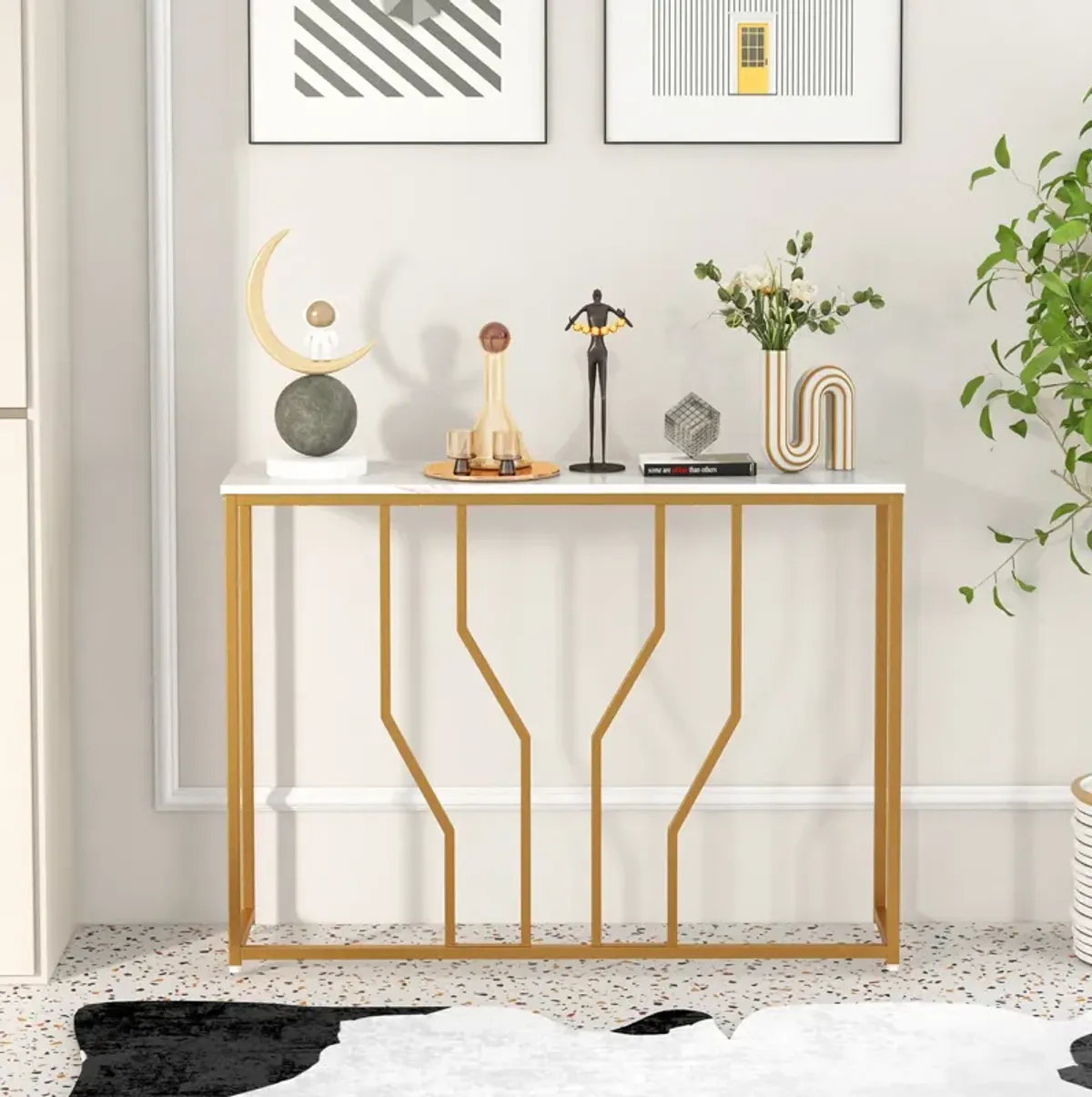 44 Inch Modern White Entryway Table with Faux Marble Tabletop-White