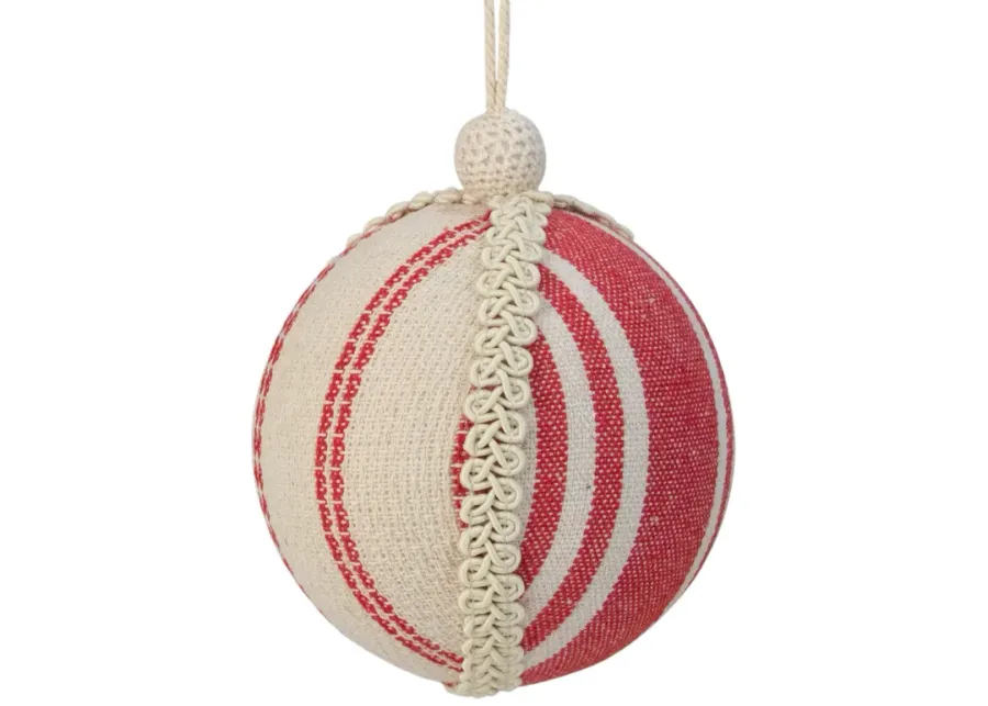 4.75" White and Red Striped Ball Christmas Ornament with Rope Accent