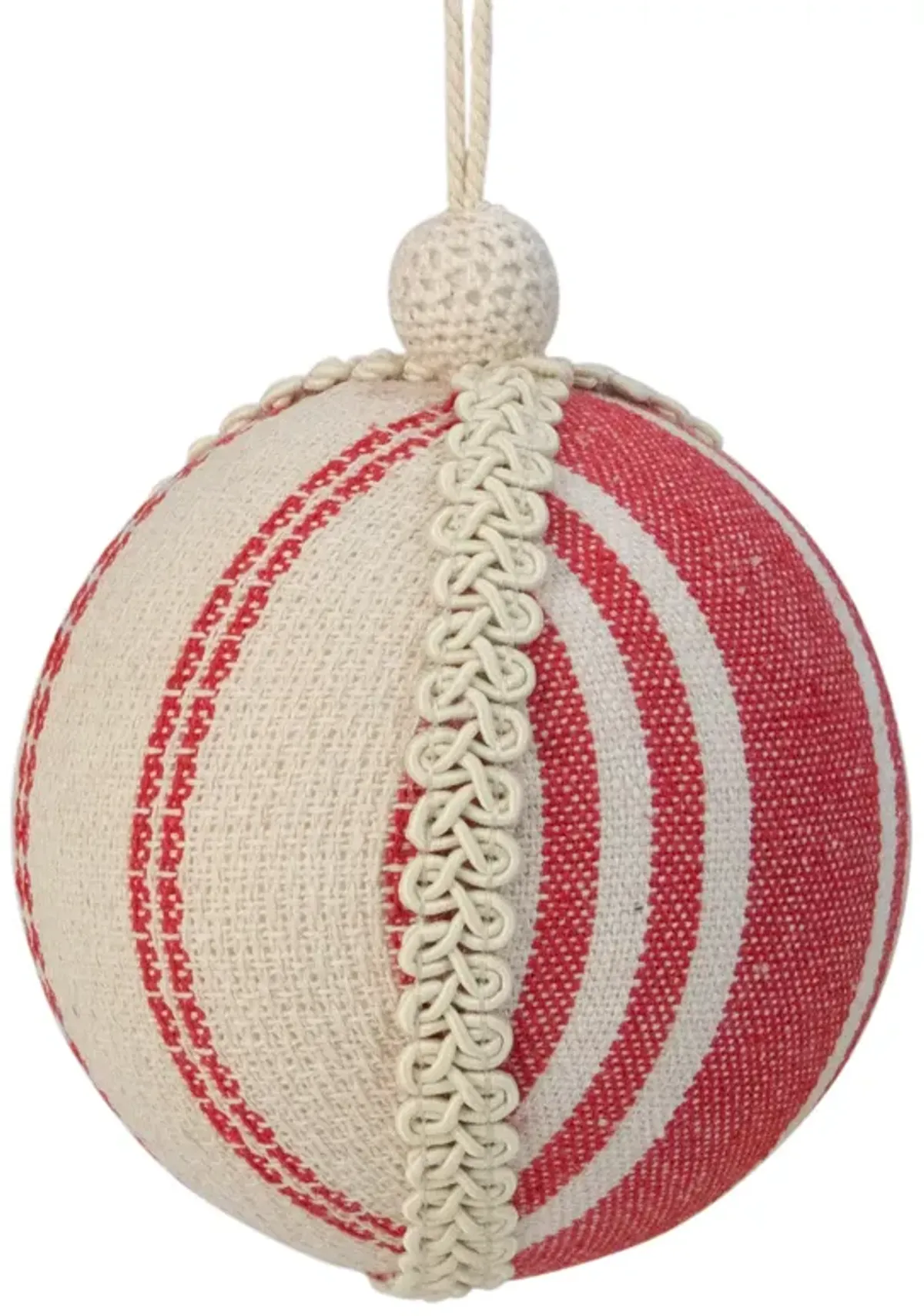 4.75" White and Red Striped Ball Christmas Ornament with Rope Accent