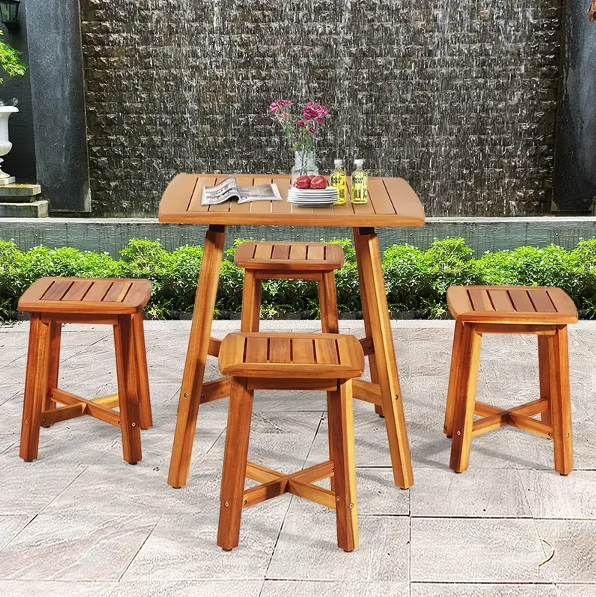 5 Pieces Wood Patio Dining Set with Square Table and 4 Stools