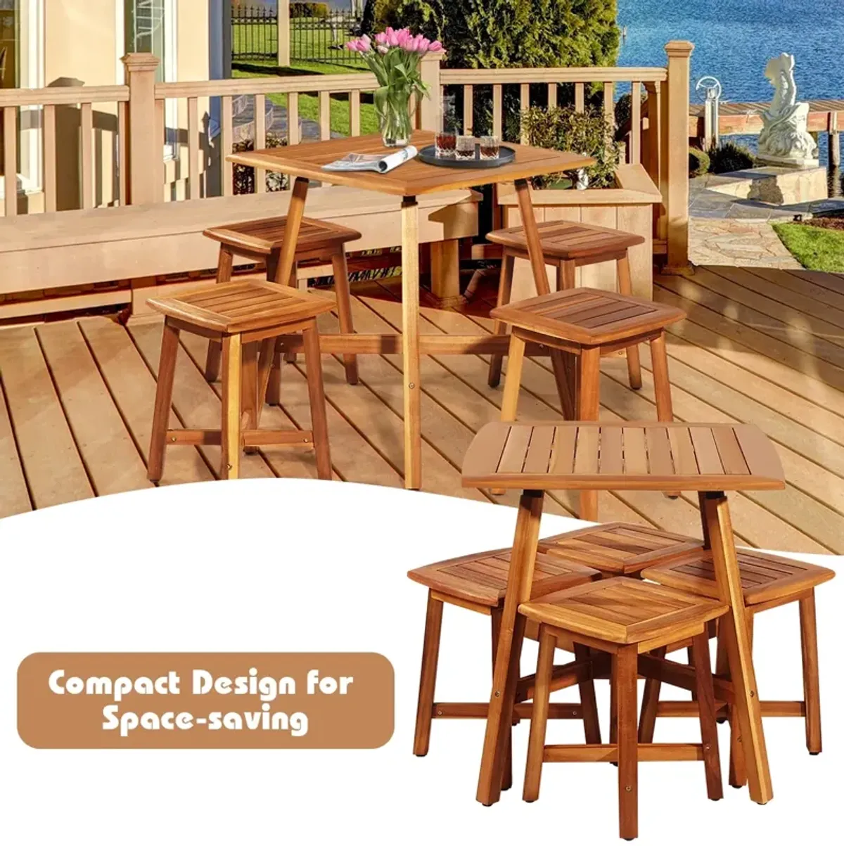 5 Pieces Wood Patio Dining Set with Square Table and 4 Stools