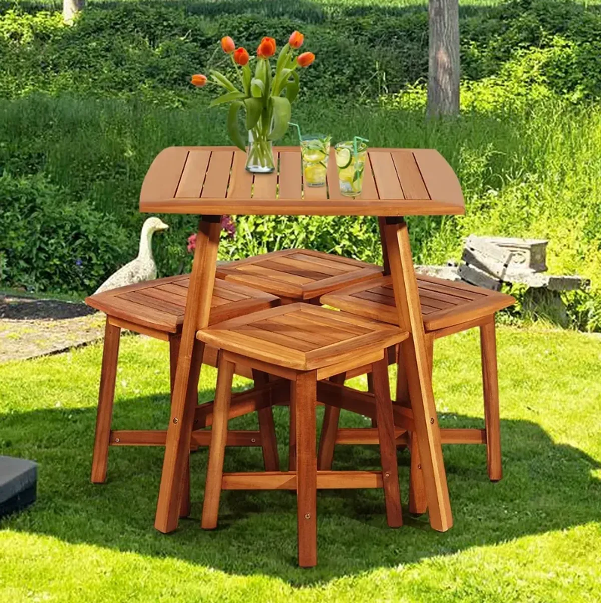 5 Pieces Wood Patio Dining Set with Square Table and 4 Stools