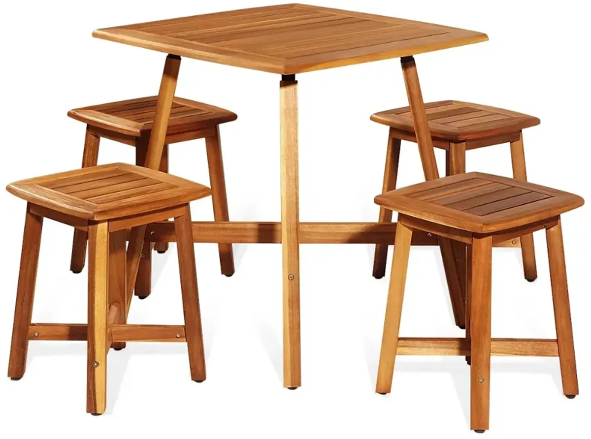 5 Pieces Wood Patio Dining Set with Square Table and 4 Stools