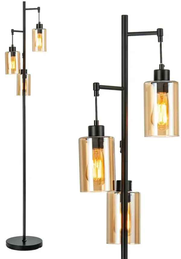 Floor Lamp with 3-Head Hanging Amber Glass Shades for Living Room or Bedroom Decor