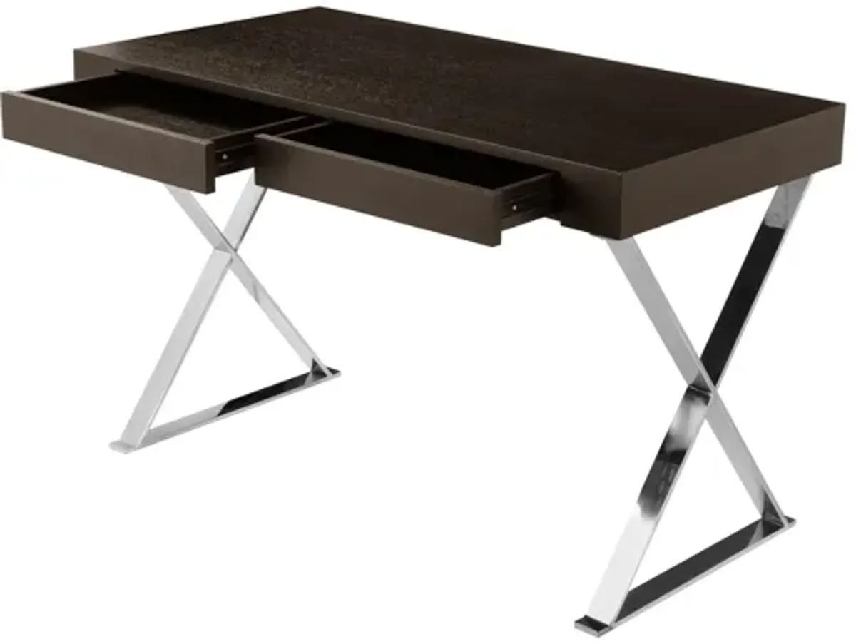 Rix 47 Inch Office Desk, Espresso Brown Wood, 2 Drawers, X Polished Steel - Benzara