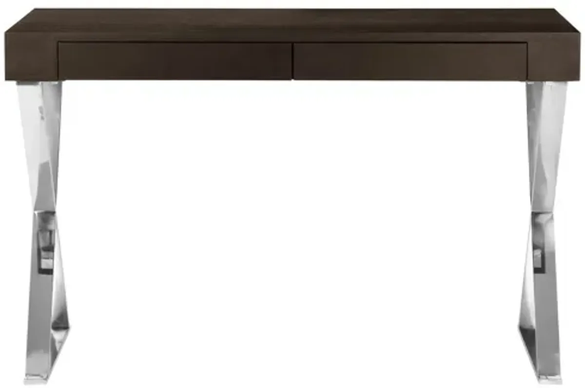 Rix 47 Inch Office Desk, Espresso Brown Wood, 2 Drawers, X Polished Steel - Benzara