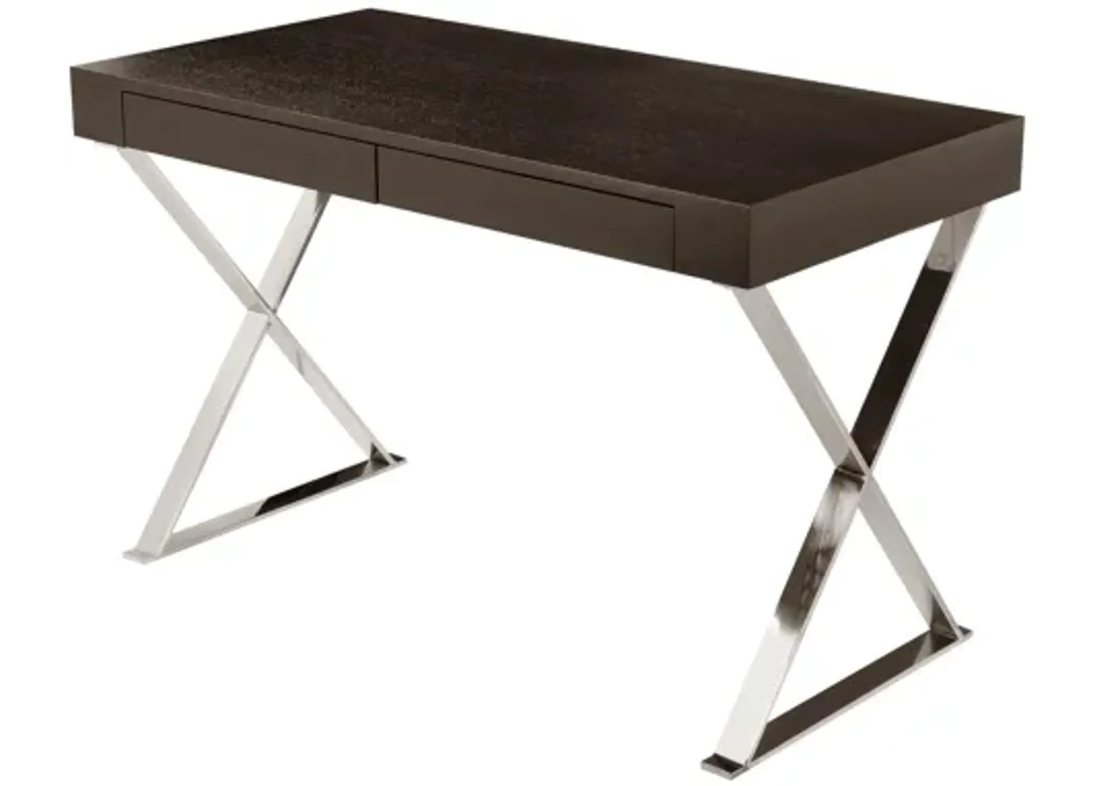 Rix 47 Inch Office Desk, Espresso Brown Wood, 2 Drawers, X Polished Steel - Benzara