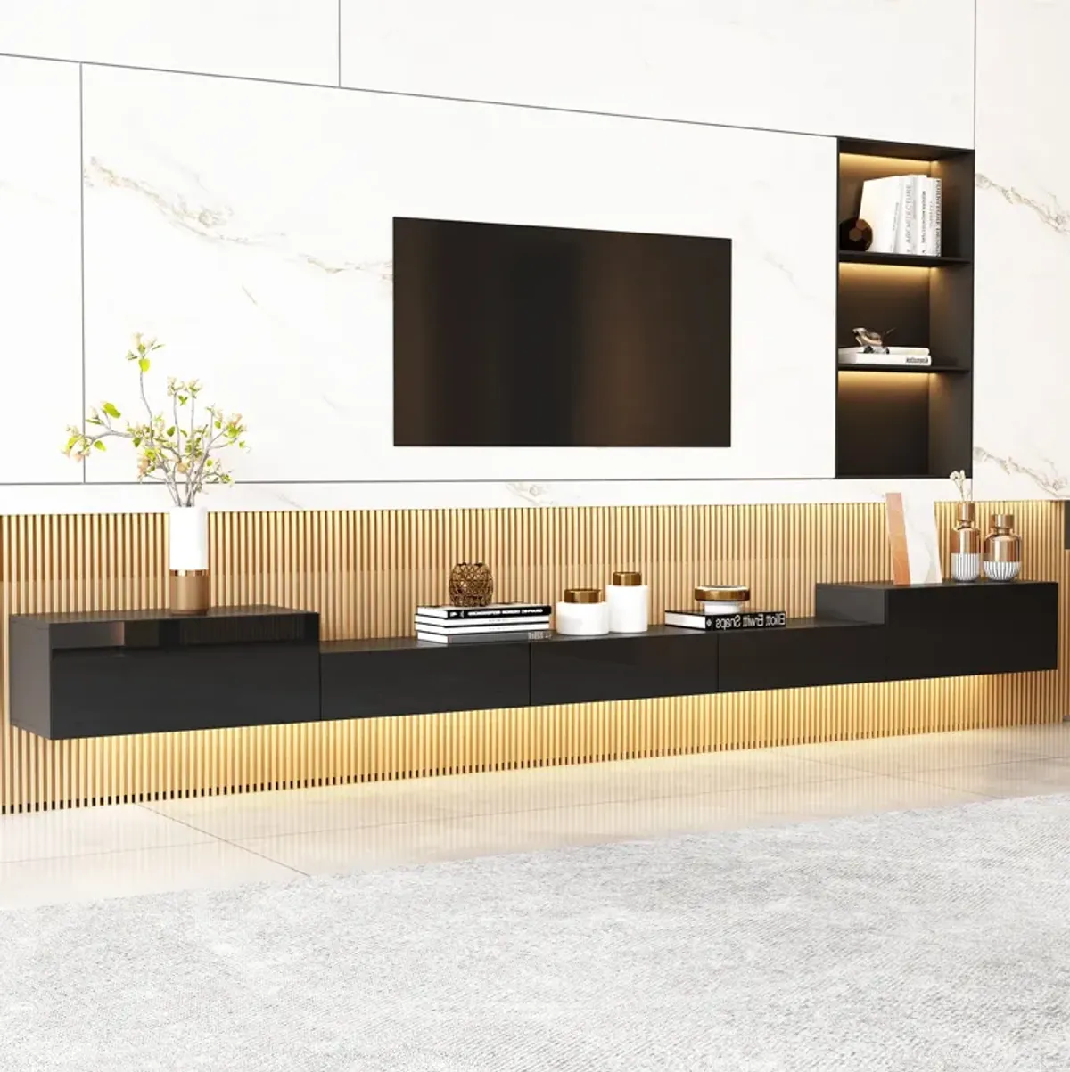 Black Mirror Finished TV Stand Wall-Mounted Entertainment Center Fits TV's up to 110 in. with 4 Drawers for Storage