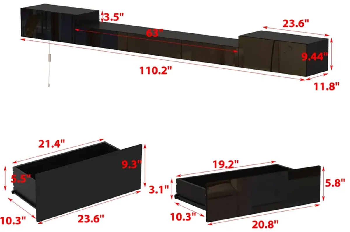 Black Mirror Finished TV Stand Wall-Mounted Entertainment Center Fits TV's up to 110 in. with 4 Drawers for Storage