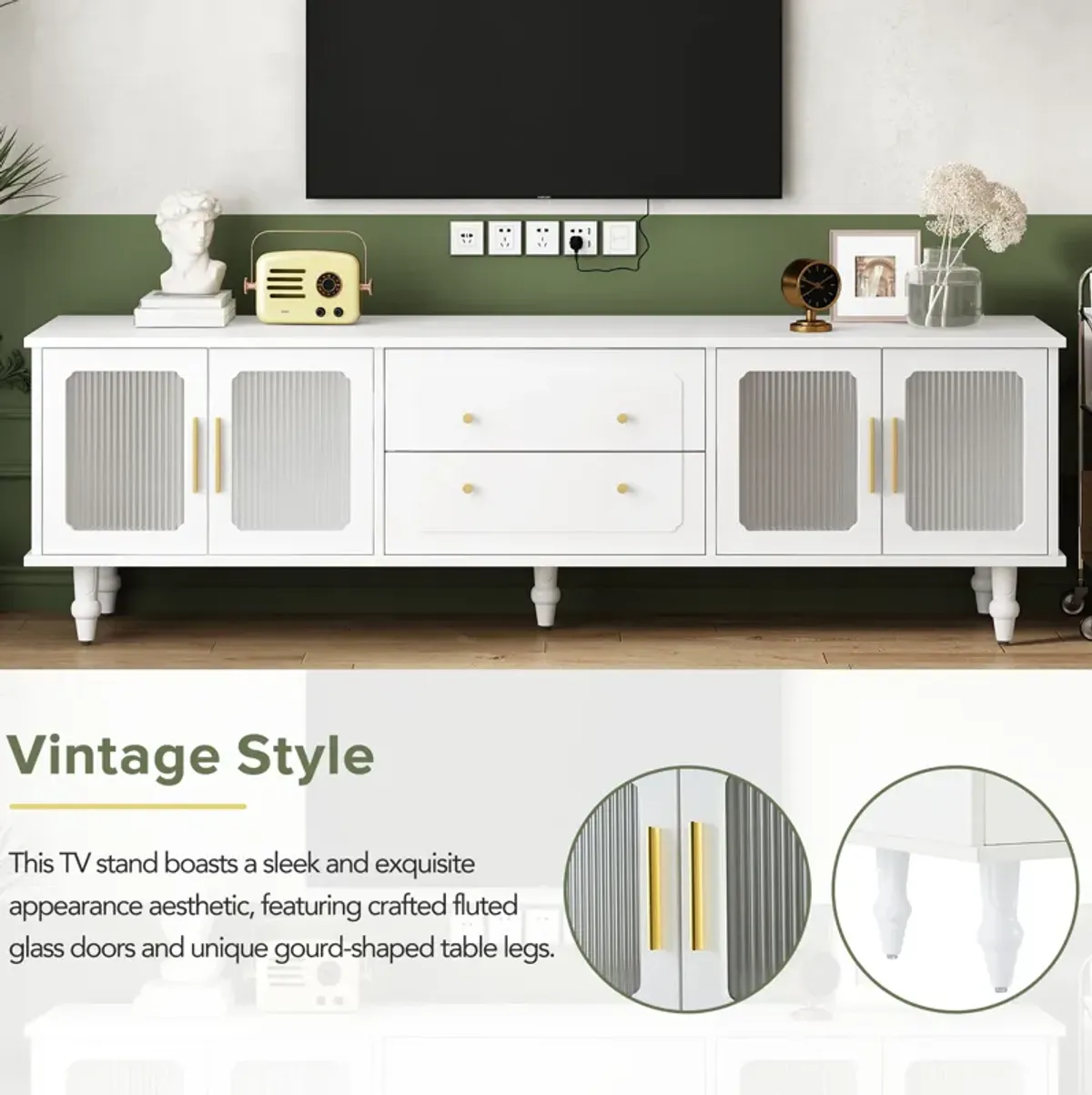 Merax Retro TV Stand with Fluted Glass Doors