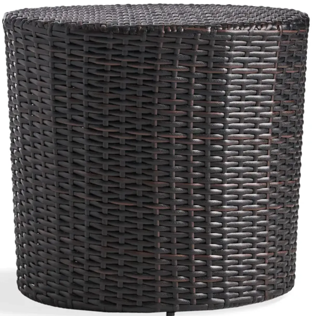 Olum Outdoor End Table, Barrel Shaped Wicker, 18 Inch Brown PE Rattan - Benzara