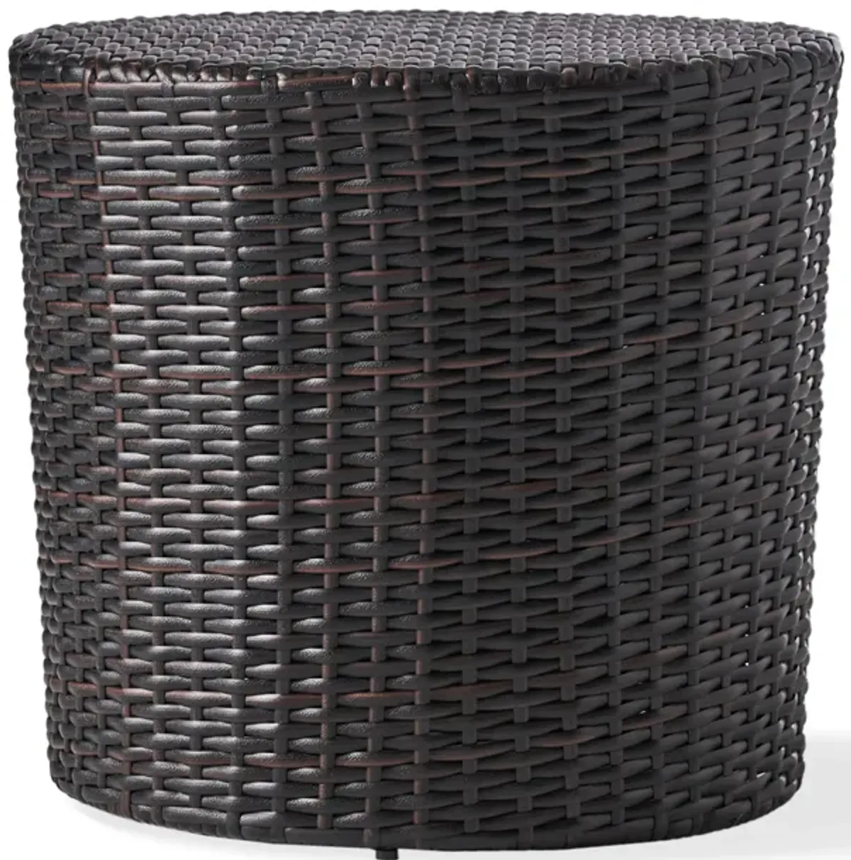 Olum Outdoor End Table, Barrel Shaped Wicker, 18 Inch Brown PE Rattan - Benzara