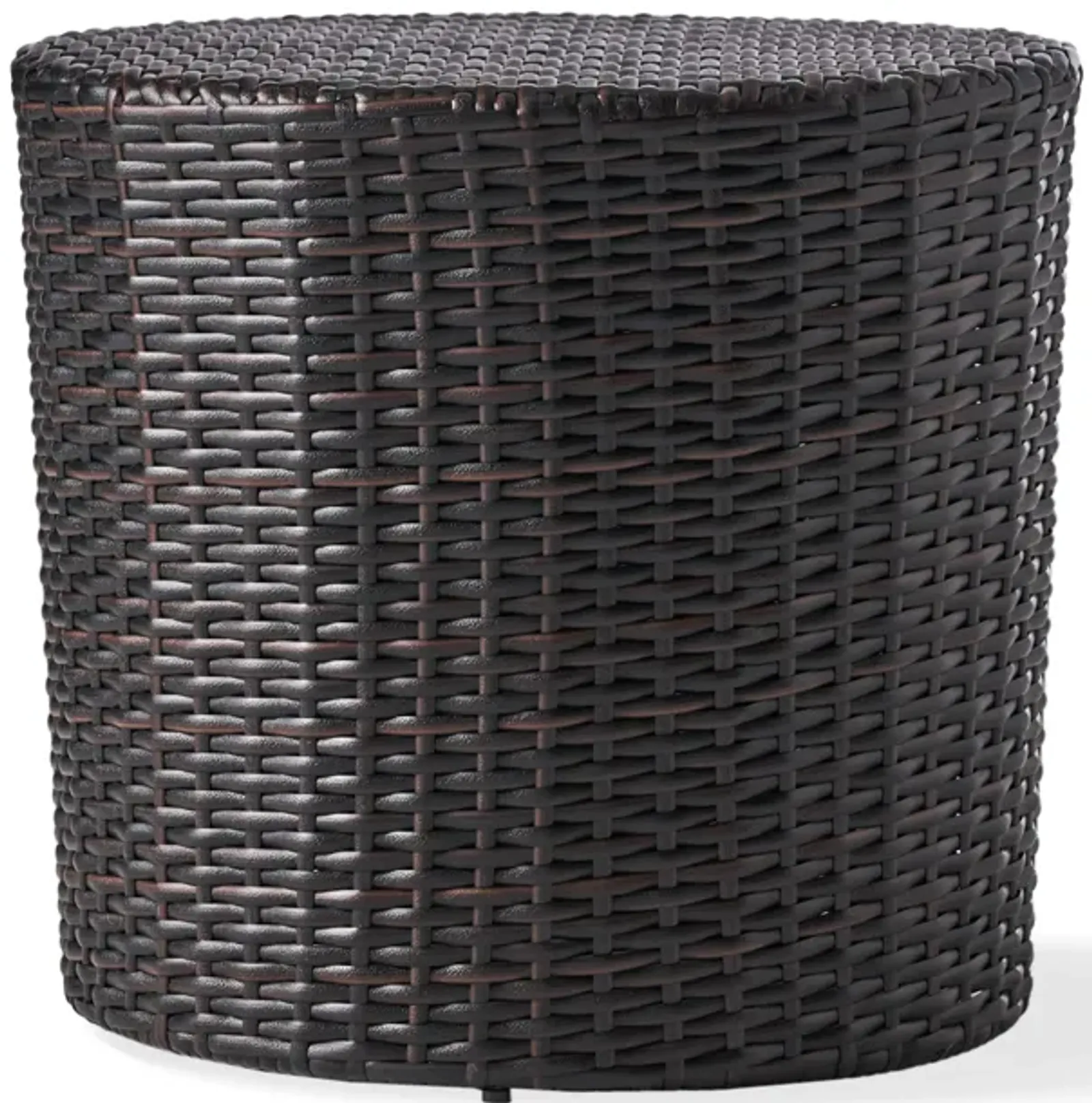 Olum Outdoor End Table, Barrel Shaped Wicker, 18 Inch Brown PE Rattan - Benzara