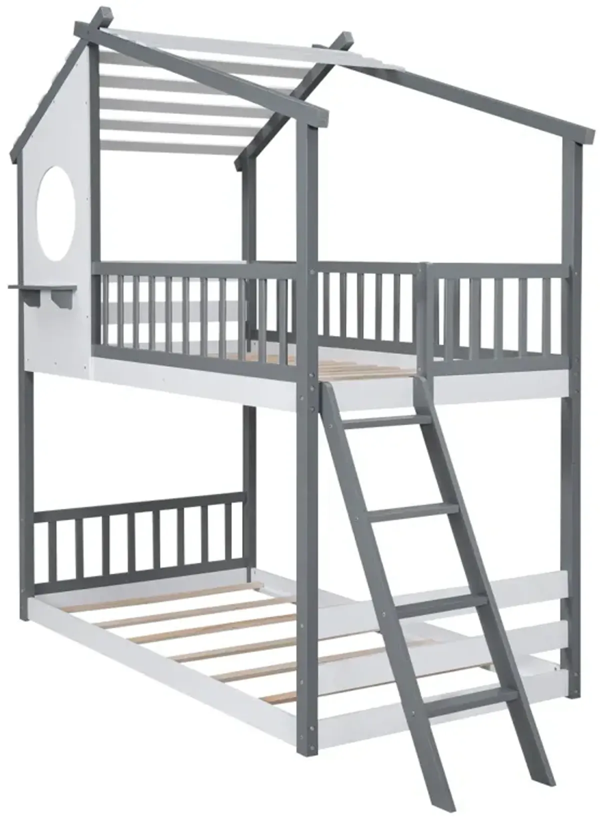 Twin Over Twin Bunk Bed Wood Bed With Roof, Window, Ladder