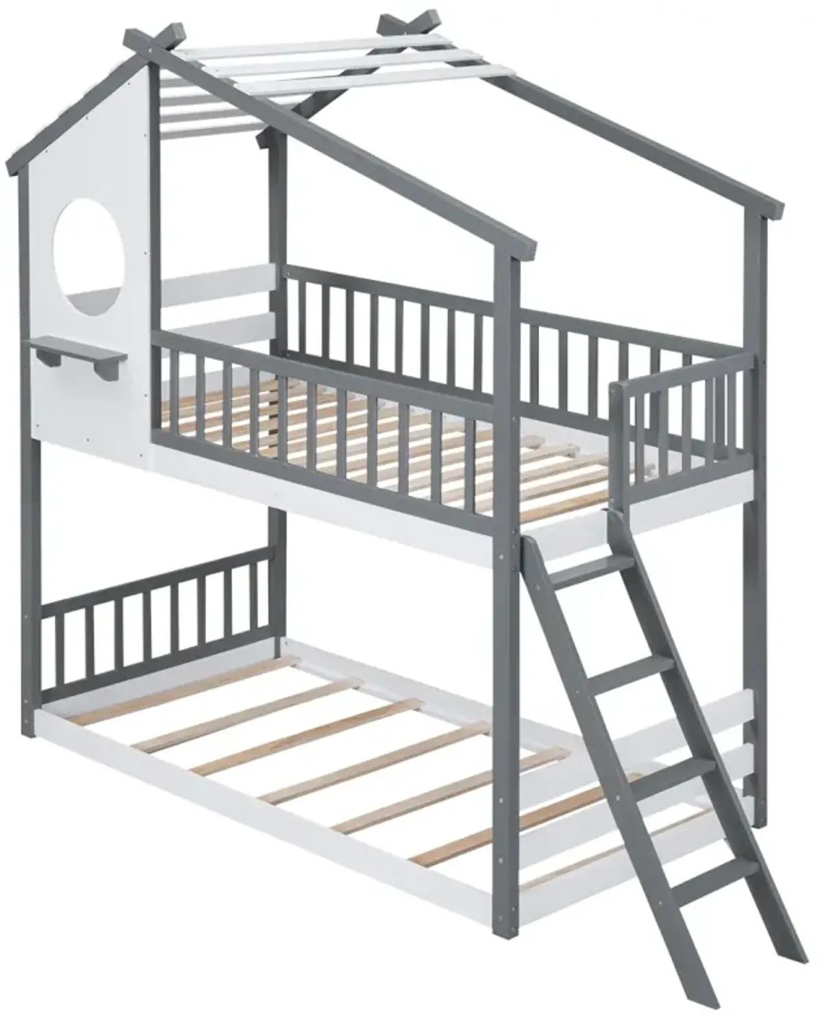 Twin Over Twin Bunk Bed Wood Bed With Roof, Window, Ladder