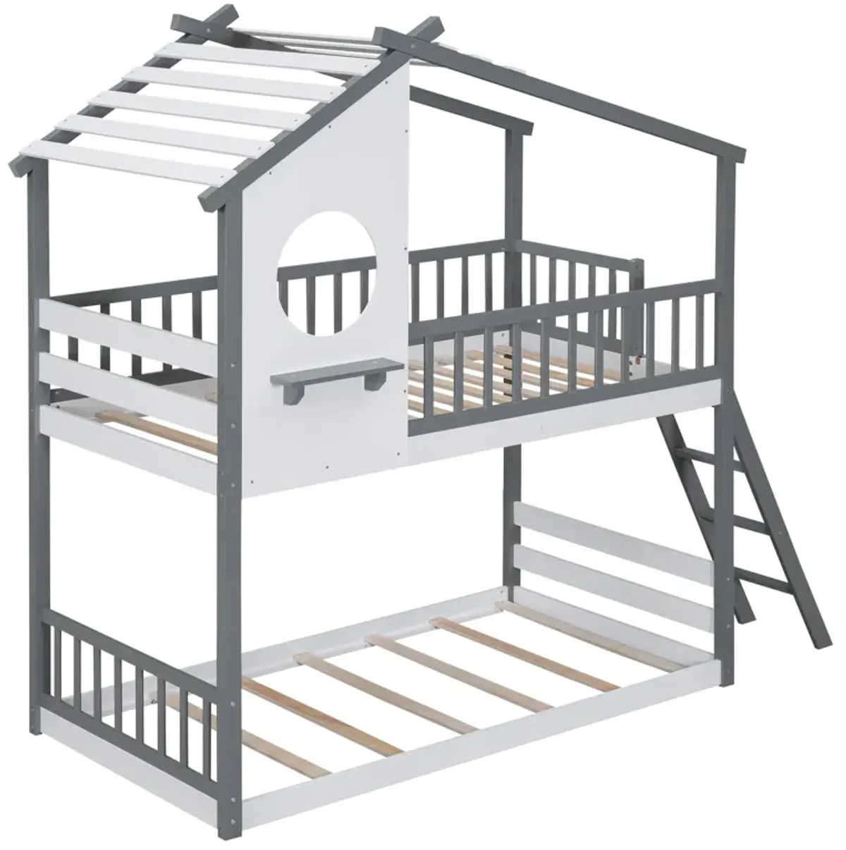 Twin Over Twin Bunk Bed Wood Bed With Roof, Window, Ladder