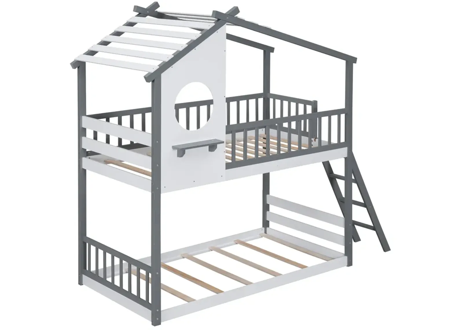 Twin Over Twin Bunk Bed Wood Bed With Roof, Window, Ladder