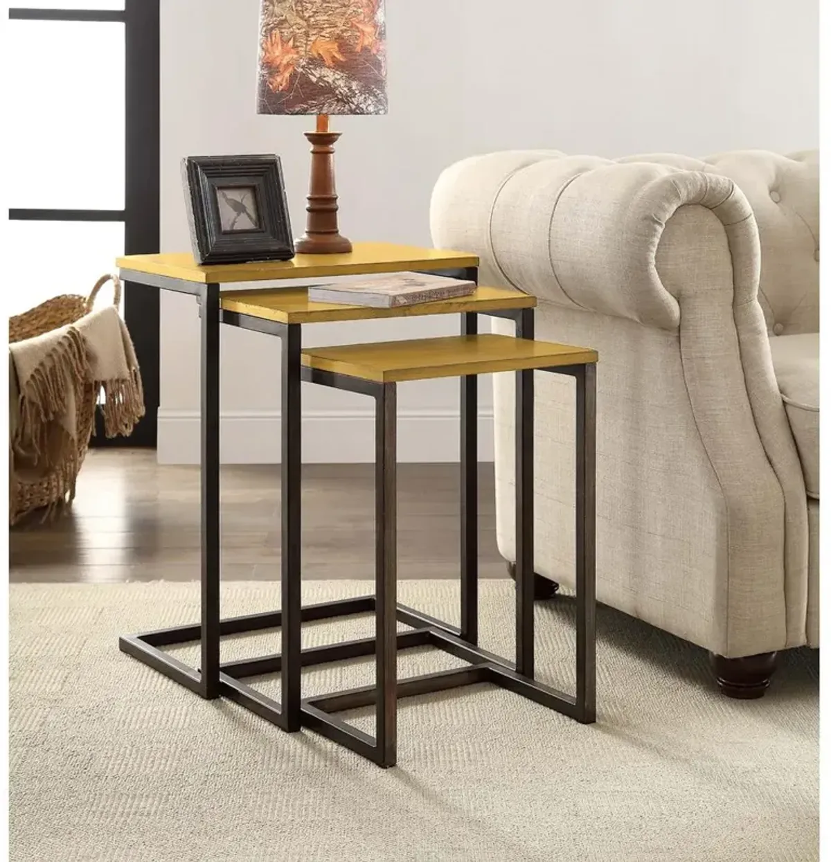 Carolina Living Addison Nesting Table Set - Harvest Oak Top - Aged Iron Base