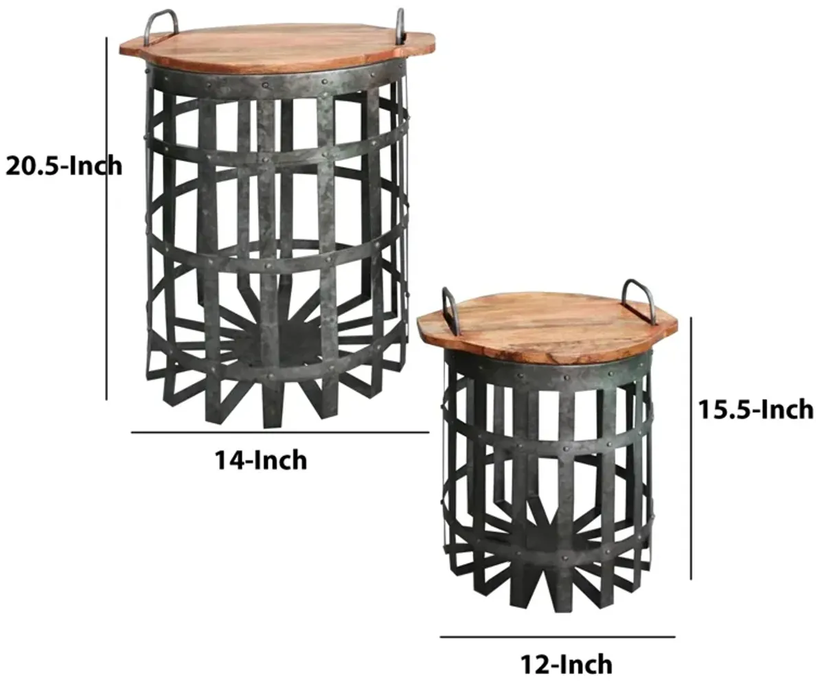 Industrial Grid Galvanized Accent End Table with Round Lid and Handles, Set of 2, Gray and Brown-Benzara