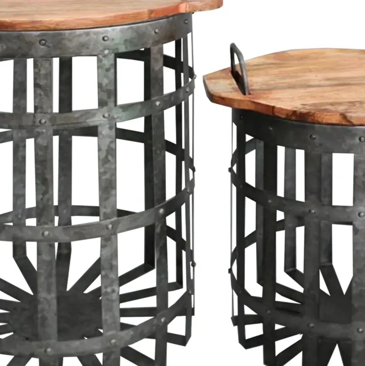 Industrial Grid Galvanized Accent End Table with Round Lid and Handles, Set of 2, Gray and Brown-Benzara