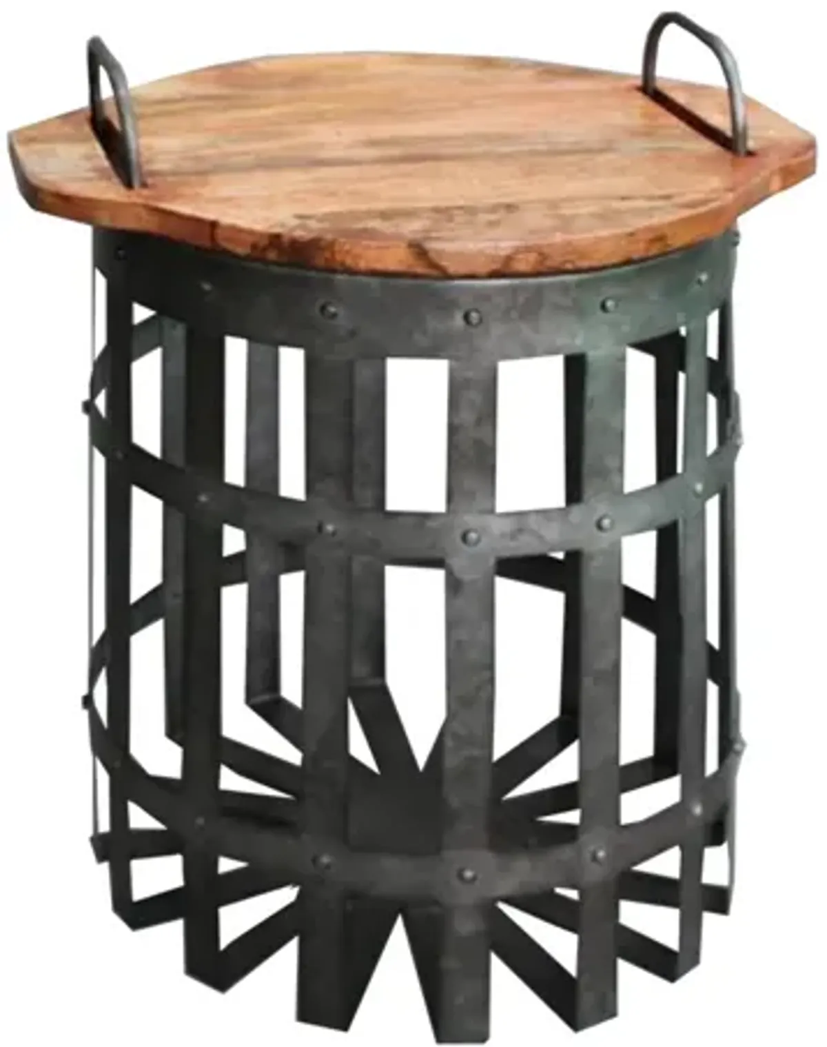 Industrial Grid Galvanized Accent End Table with Round Lid and Handles, Set of 2, Gray and Brown-Benzara