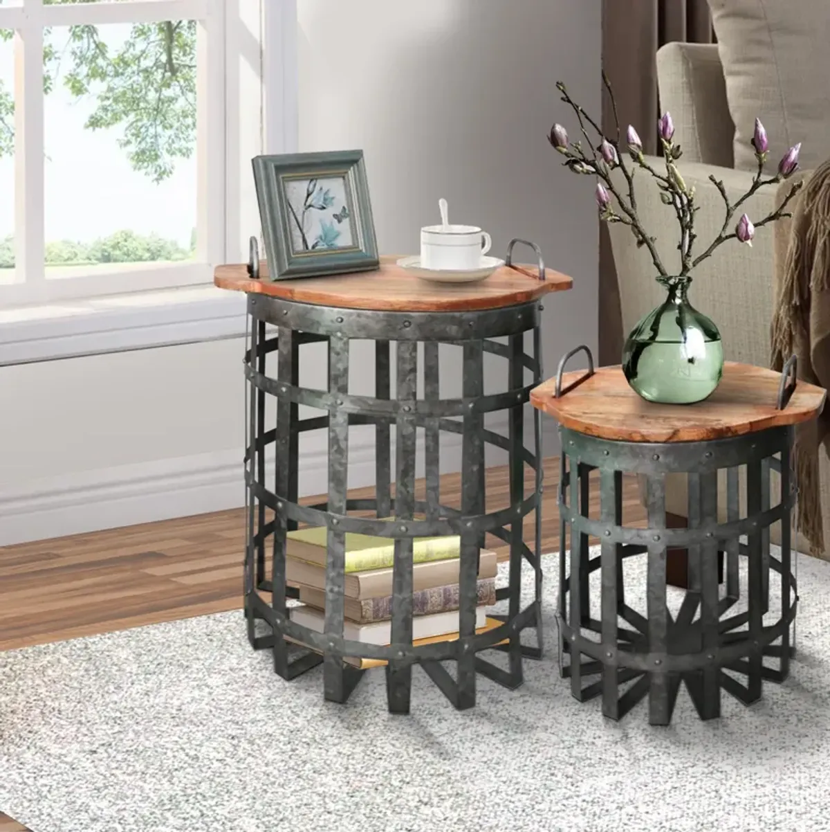 Industrial Grid Galvanized Accent End Table with Round Lid and Handles, Set of 2, Gray and Brown-Benzara