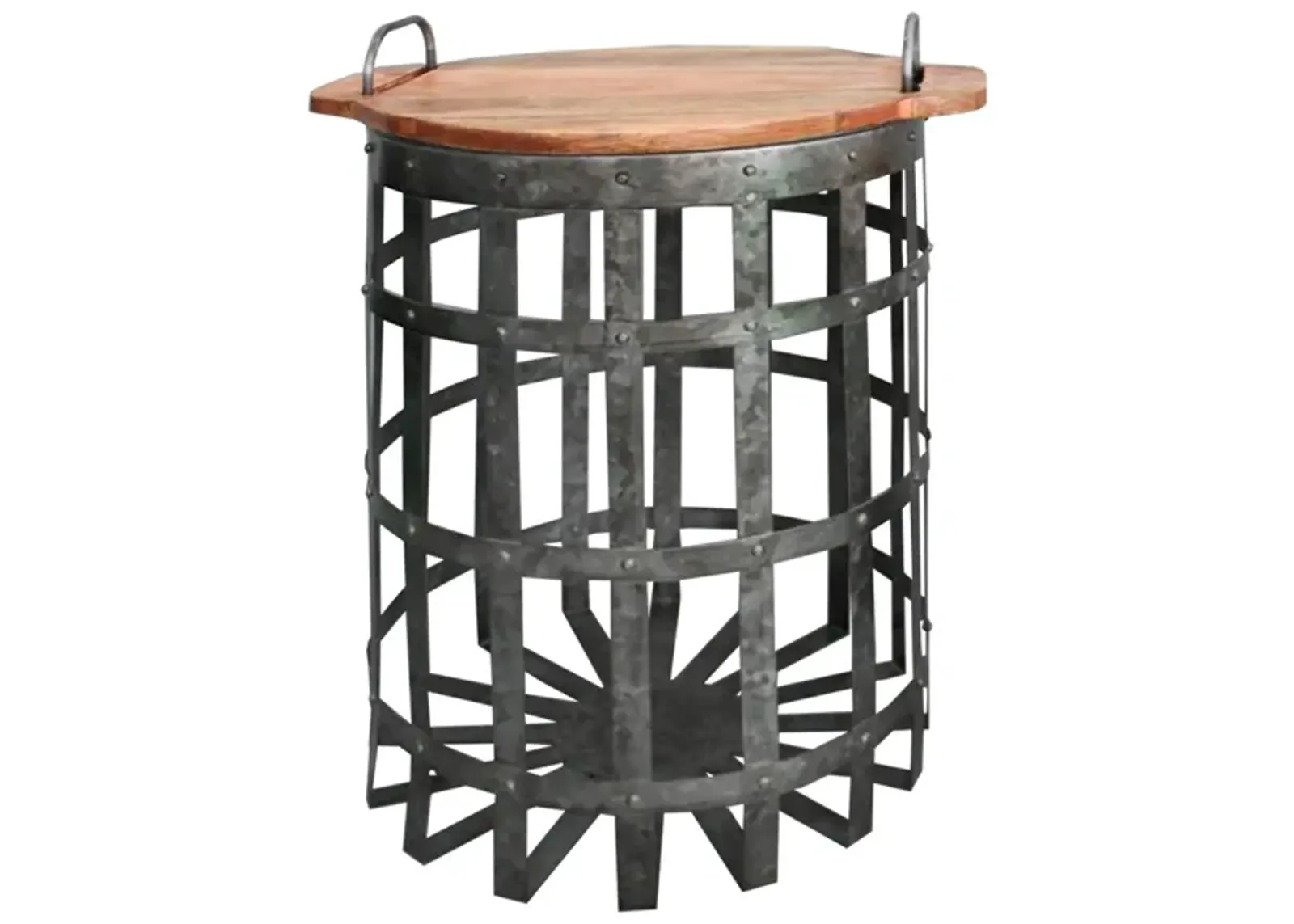 Industrial Grid Galvanized Accent End Table with Round Lid and Handles, Set of 2, Gray and Brown-Benzara