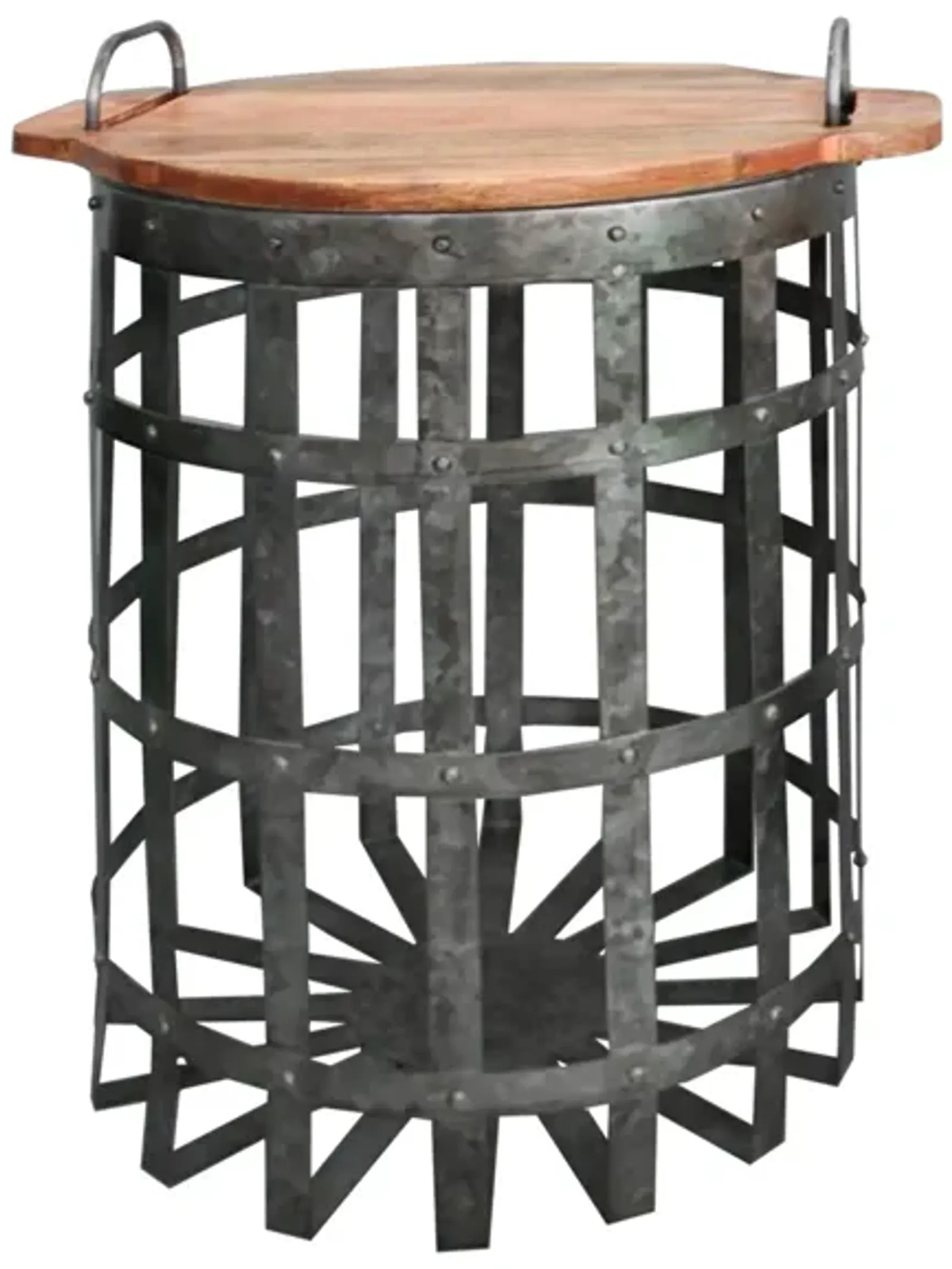 Industrial Grid Galvanized Accent End Table with Round Lid and Handles, Set of 2, Gray and Brown-Benzara