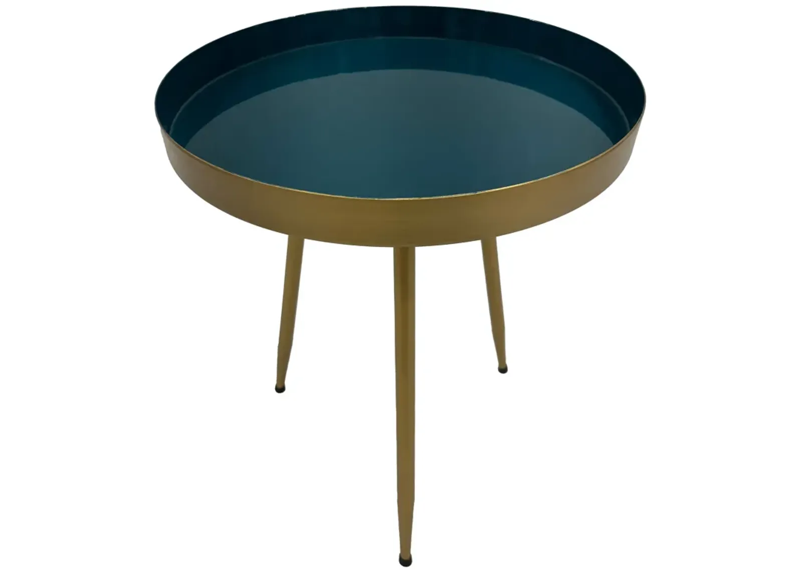 Enid 19 Inch Side End Table, Iron Brass Plating, Enamel Blue Top, Modern Sleek Angled Legs