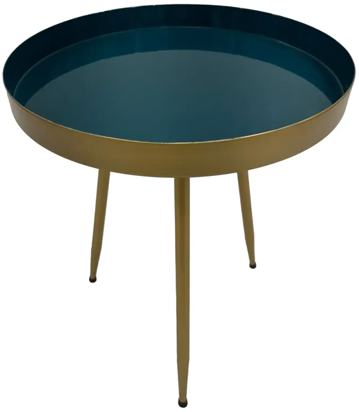 Enid 19 Inch Side End Table, Iron Brass Plating, Enamel Blue Top, Modern Sleek Angled Legs