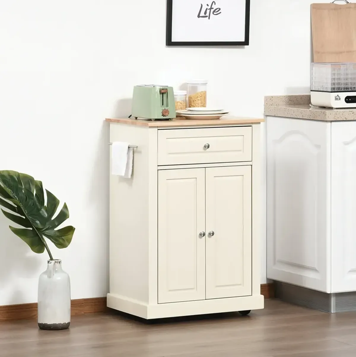 Cream Kitchen Helper: Portable Island Cart with Drawer and Shelf