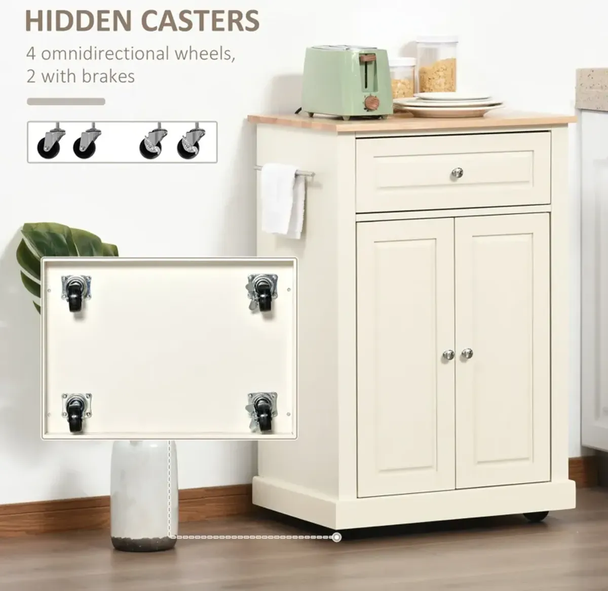 Cream Kitchen Helper: Portable Island Cart with Drawer and Shelf