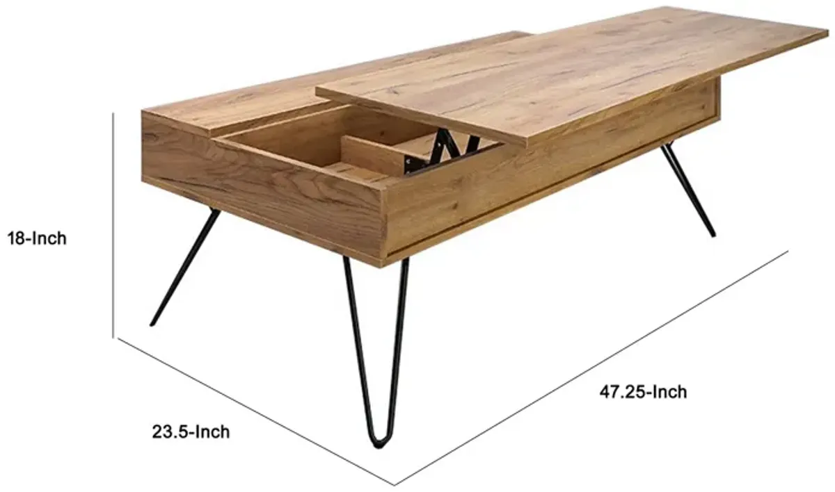 47 Inch Lift Top Coffee Table, Natural Brown Wood, 2 Storage Compartments-Benzara