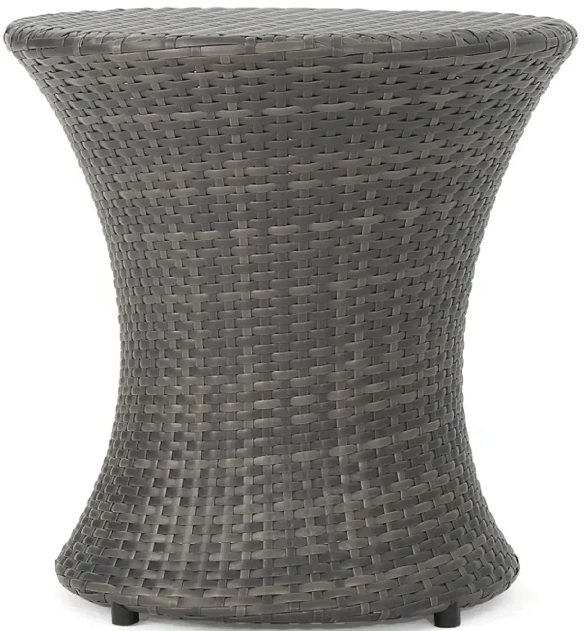 Loco Outdoor Side Table, Hourglass Shape, Round 20 Inch, Gray Rattan - Benzara