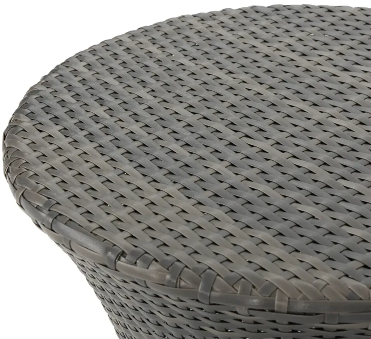 Loco Outdoor Side Table, Hourglass Shape, Round 20 Inch, Gray Rattan - Benzara