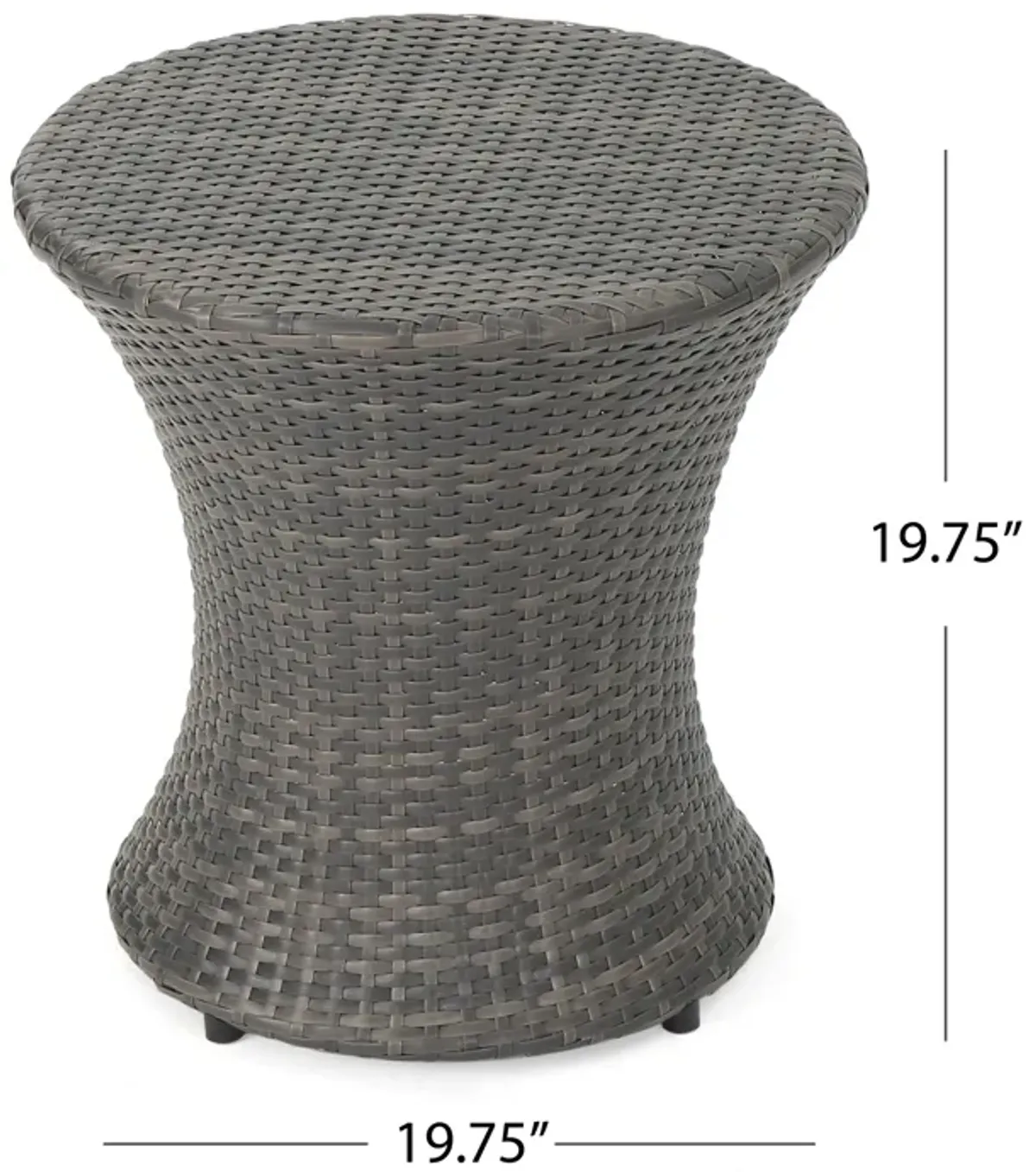 Loco Outdoor Side Table, Hourglass Shape, Round 20 Inch, Gray Rattan - Benzara