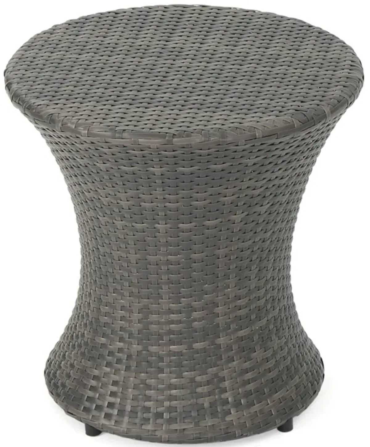 Loco Outdoor Side Table, Hourglass Shape, Round 20 Inch, Gray Rattan - Benzara