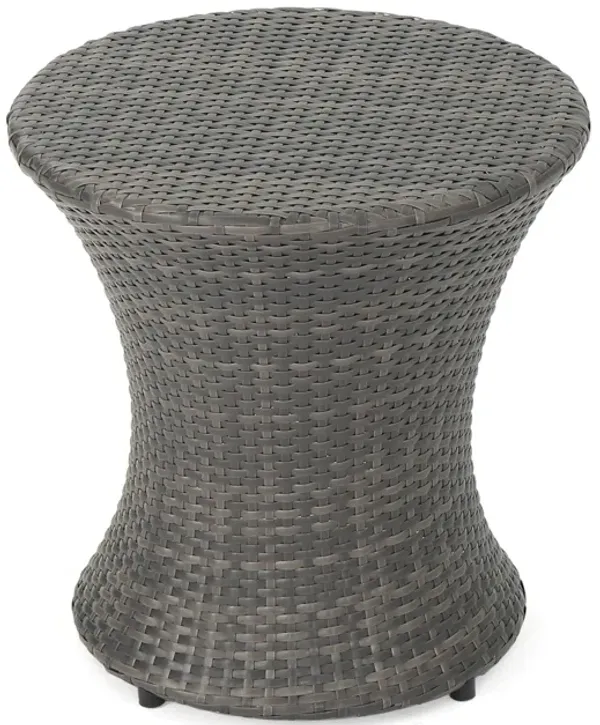 Loco Outdoor Side Table, Hourglass Shape, Round 20 Inch, Gray Rattan - Benzara