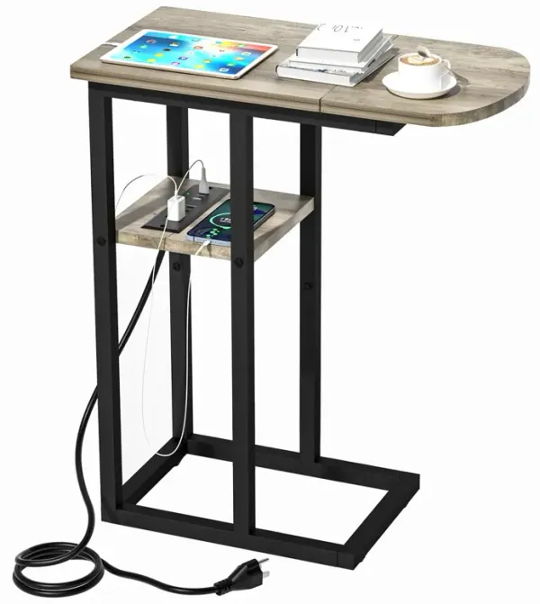 eiskah C Table End Table with Charging Station, Couch C Shaped Side Table for Living Room, Bedroom, Laptop Table with USB Ports