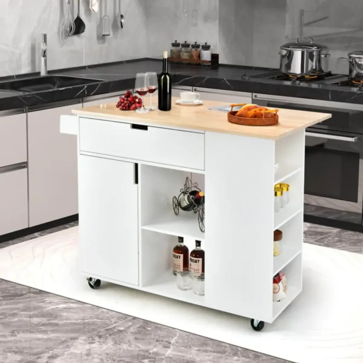 Hivvago Drop-Leaf Kitchen Island with Rubber Wood Top