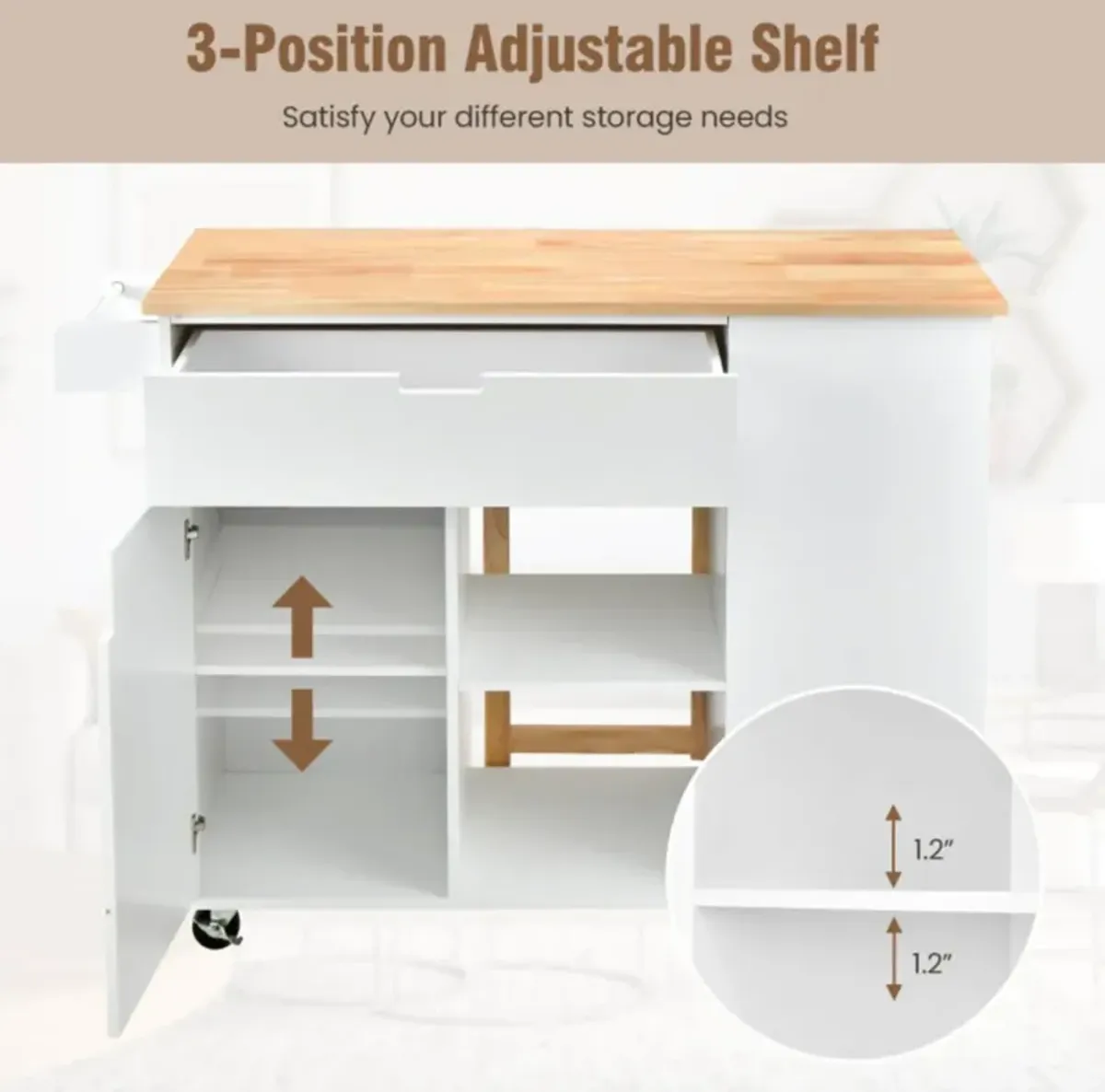 Hivvago Drop-Leaf Kitchen Island with Rubber Wood Top