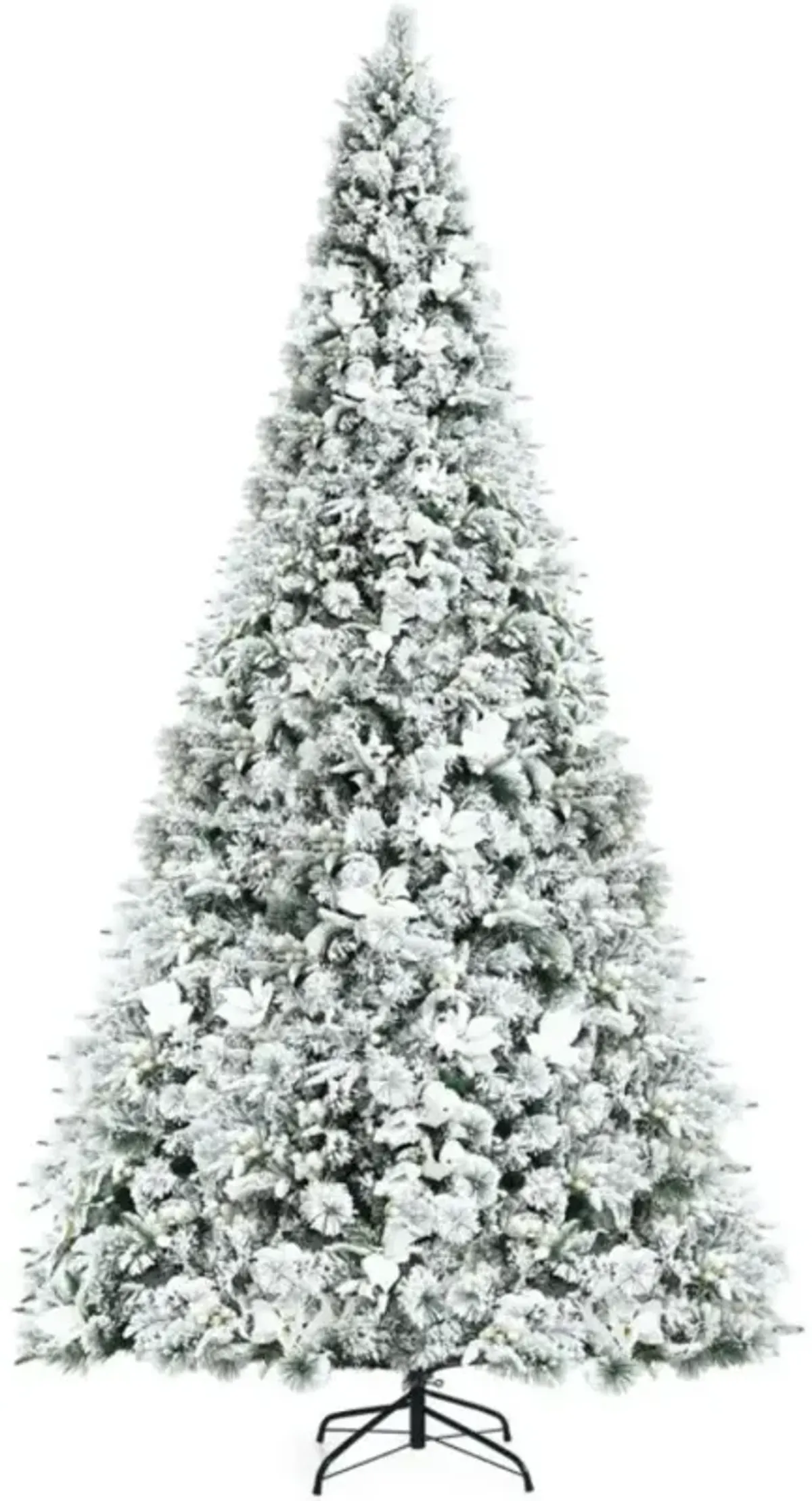 Hivvago 8 Feet Snow Flocked Hinged Christmas Tree with Berries and Poinsettia Flowers