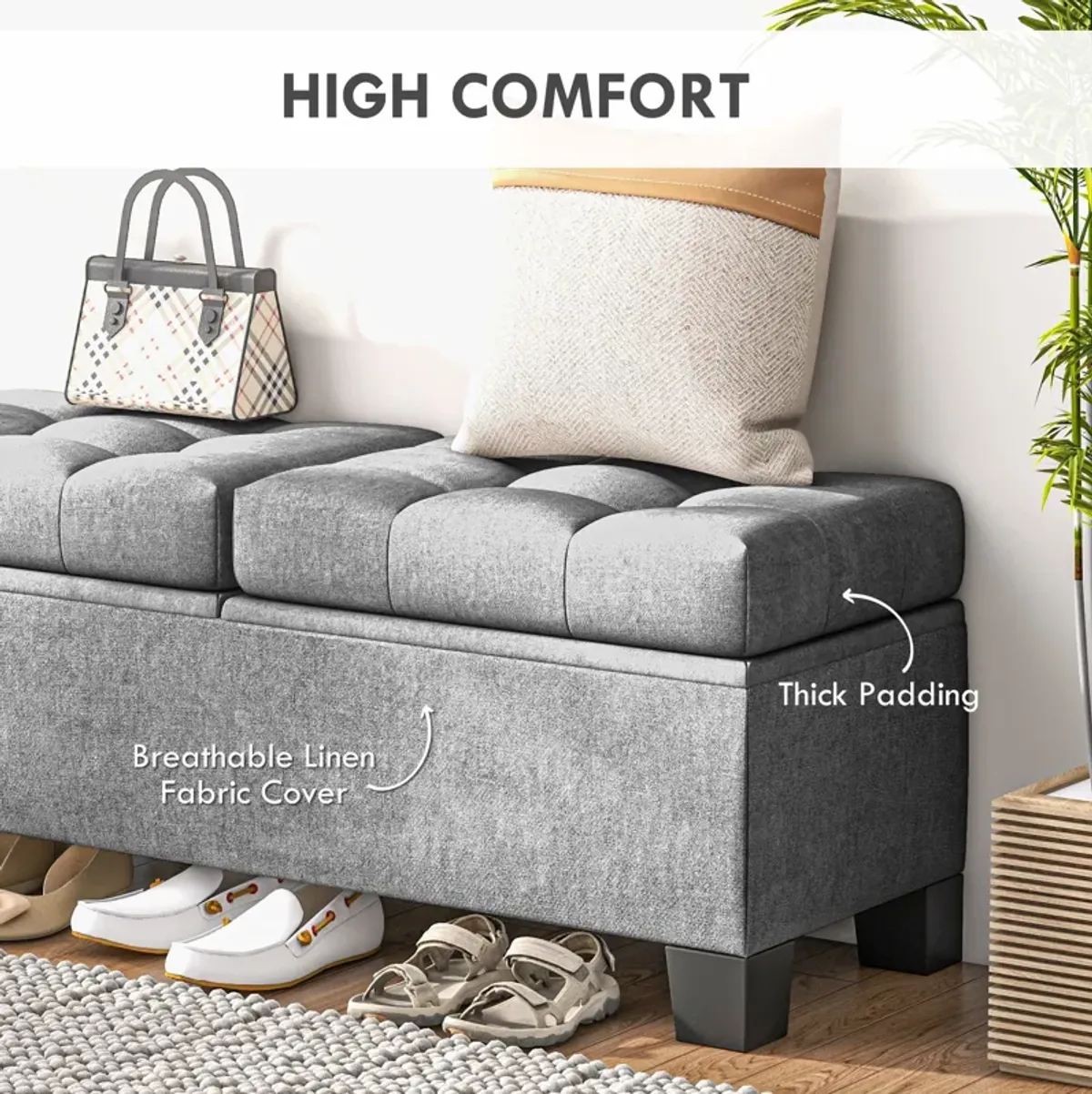 46" Gray Storage Ottoman: Button Tufted, Steel Frame