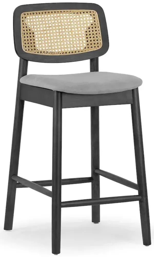 Glamour Home Set of 2 Azuka Gray Fabric Counter Stool with Rattan Back and Black Wood Legs