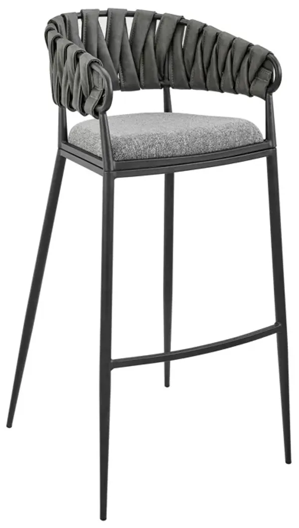 Mimy 26 Inch Counter Stool Chair, Gray Faux Leather Strap Back, Black Iron - Benzara