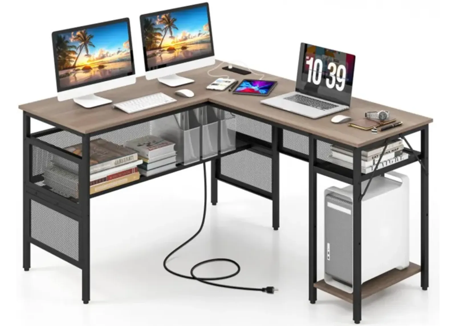 Hivvago L-Shaped Computer Desk with Charging Station and Adjustable Shelf