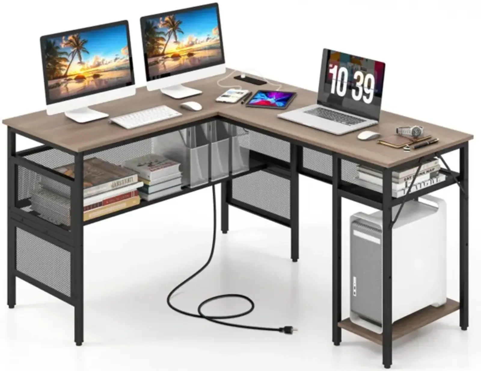 Hivvago L-Shaped Computer Desk with Charging Station and Adjustable Shelf