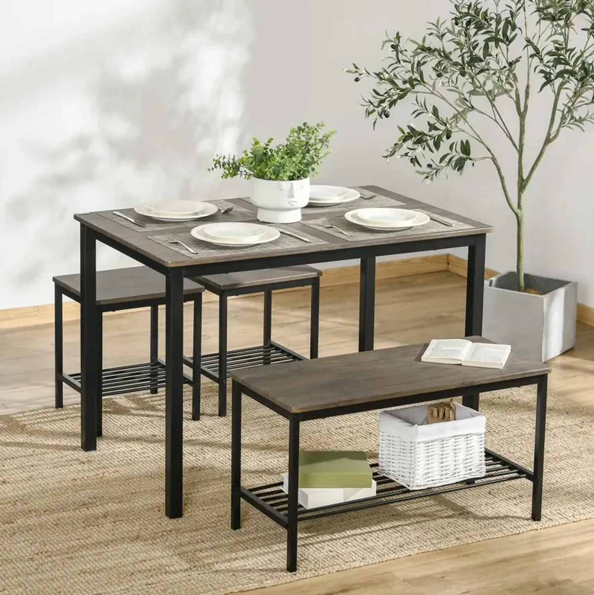 Rustic Dining Ensemble: 4-Person Industrial Set with Bench Storage